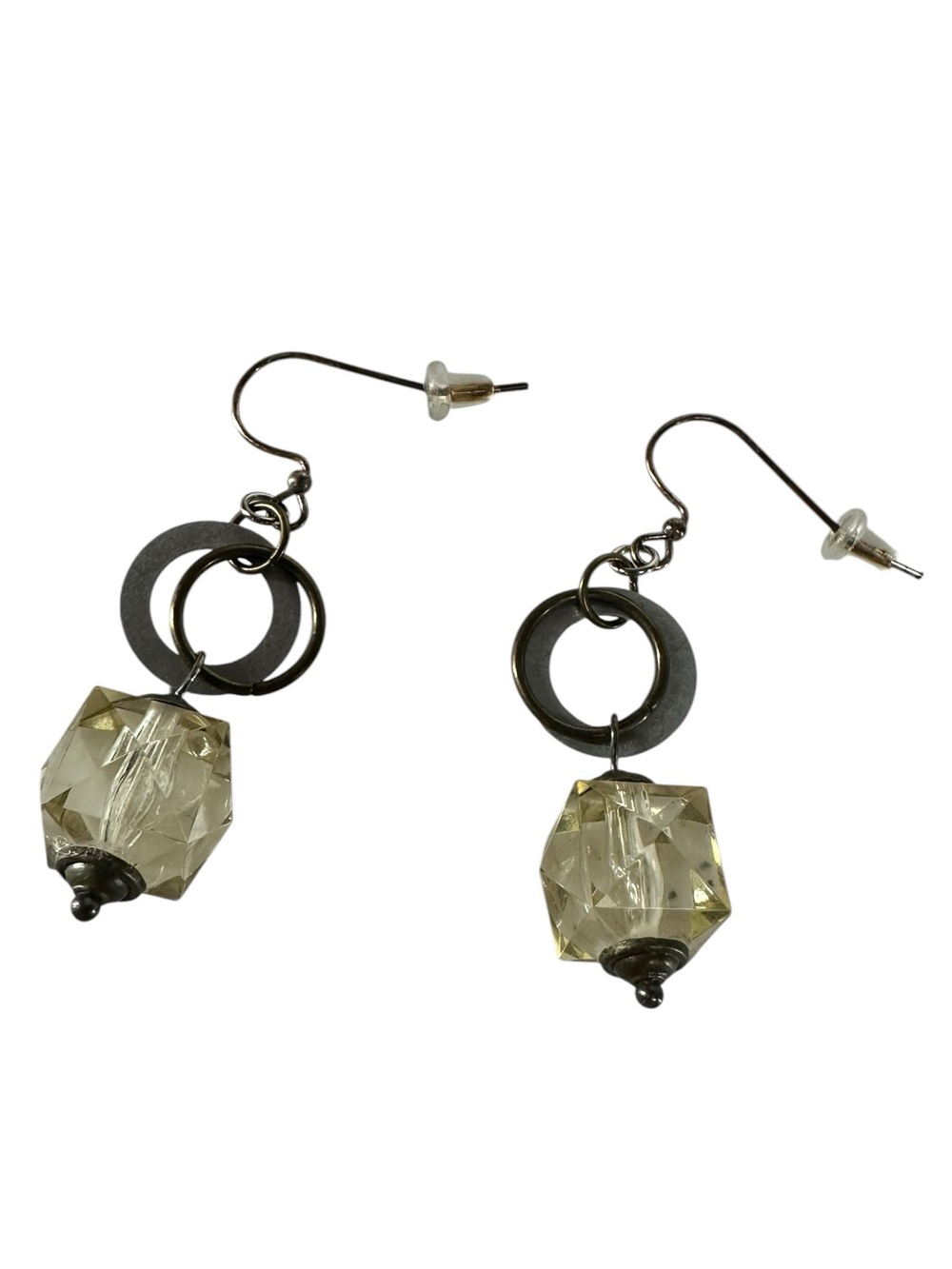 Metal Tone Dangle Earrings With Circles & Light Yellow Bead / Fairy Bohemian